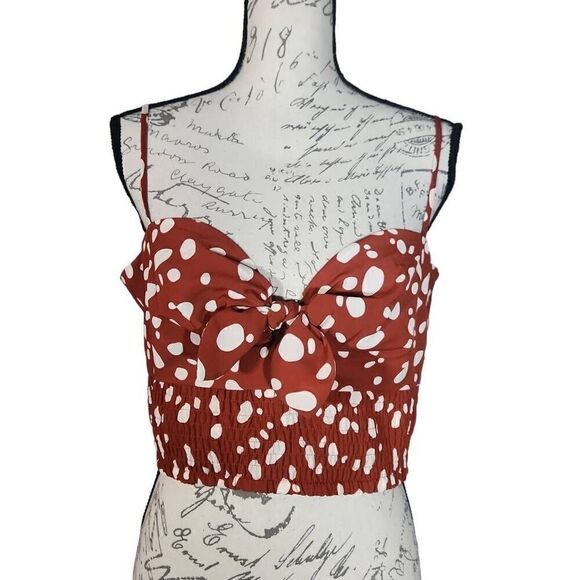 Bar III Women's Size Large Orange Rust White Carmen Dot Tie Front Cami Crop Top - Picture 1 of 6